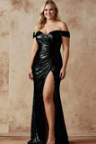Sparkly Brown Plus Size Off the Shoulder Drape Sequin Maxi Gala Dress with Slit