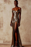 Sparkly Brown Off the Shoulder Drape Sequin Maxi Gala Dress with Slit