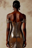 Sparkly Brown Off the Shoulder Drape Sequin Maxi Gala Dress with Slit