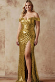 Sparkly Brown Plus Size Off the Shoulder Drape Sequin Maxi Gala Dress with Slit