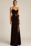 Chocolate Velvet Drape Spaghetti Straps Maxi Formal Dress with Bow