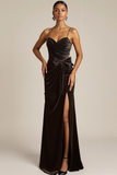 Chocolate Velvet Drape Spaghetti Straps Maxi Formal Dress with Bow