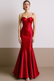 Red Satin Mermaid Spaghetti Straps Maxi Formal Dress