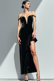Black Velvet Sheath Off the Shoulder Asymmetrical Formal Dress with Ruffles