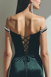 Black Velvet Sheath Off the Shoulder Asymmetrical Formal Dress with Ruffles