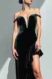 Black Velvet Sheath Off the Shoulder Asymmetrical Formal Dress with Ruffles