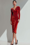 Dark Yellow Velvet V-Neck Sheath Midi Formal Dress with Sleeves