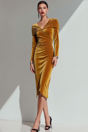 Dark Yellow Velvet V-Neck Sheath Midi Formal Dress with Sleeves