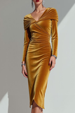 Dark Yellow Velvet V-Neck Sheath Midi Formal Dress with Sleeves