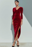 Burgundy Velvet V-Neck Maxi Formal Dress with Slit