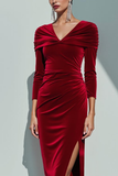 Burgundy Velvet V-Neck Maxi Formal Dress with Slit