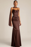 Brown Satin Mermaid Drape Strapless Maxi Evening Dress