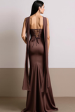 Brown Satin Mermaid Drape Strapless Maxi Evening Dress