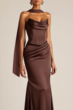 Brown Satin Mermaid Drape Strapless Maxi Evening Dress