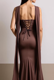 Brown Satin Mermaid Drape Strapless Maxi Evening Dress