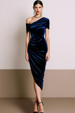 Navy Sheath Velvet Ruched Asymmetrical Neck Midi Formal Dress