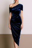 Navy Sheath Velvet Ruched Asymmetrical Neck Midi Formal Dress