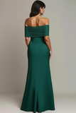Emerald Green Satin A Line Off the Shoulder Maxi Evening Dress