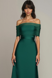 Emerald Green Satin A Line Off the Shoulder Maxi Evening Dress