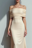 Ivory Satin Off the Shoulder Long Evening Dress