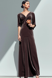 Chocolate Velvet A Line Maxi Formal Dress with Sleeves