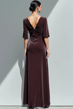 Chocolate Velvet A Line Maxi Formal Dress with Sleeves