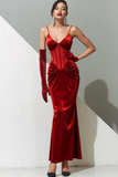 Burgundy Corset Velvet Spaghetti Straps Maxi Evening Dress