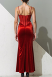 Burgundy Corset Velvet Spaghetti Straps Maxi Evening Dress
