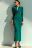 Emerald Green Cowl Neck Sheath Maxi Evening Dress with Sleeves