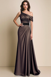 Brown A Line Satin Ruched Asymmetrical Neck Maxi Formal Dress