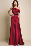 Brown A Line Satin Ruched Asymmetrical Neck Maxi Formal Dress