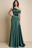 Brown A Line Satin Ruched Asymmetrical Neck Maxi Formal Dress