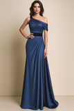 Brown A Line Satin Ruched Asymmetrical Neck Maxi Formal Dress