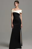 Black Satin Mermaid Off the Shoulder Long Formal Dress with Slit