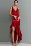 Red V Neck Ruffled Asymmetrical Satin Formal Dress