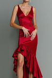 Red V Neck Ruffled Asymmetrical Satin Formal Dress