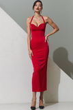 Simple Red Halter Sheath Long Formal Dress