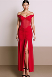 Red Sheath Off the Shoulder Chiffon Long Formal Dress with Slit