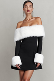Black Off the Shoulder Mini Holiday Party Dress with Feather