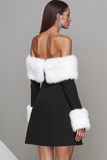 Black Off the Shoulder Mini Holiday Party Dress with Feather