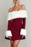 Black Off the Shoulder Mini Holiday Party Dress with Feather