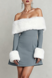 Black Off the Shoulder Mini Holiday Party Dress with Feather