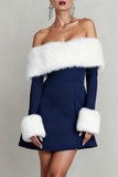 Black Off the Shoulder Mini Holiday Party Dress with Feather