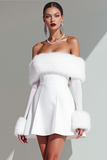 White Off the Shoulder Mini A Line Holiday Party Dress with Feather