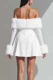 White Off the Shoulder Mini A Line Holiday Party Dress with Feather