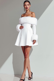 White Off the Shoulder Mini A Line Holiday Party Dress with Feather