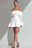 White Off the Shoulder Mini A Line Holiday Party Dress with Feather