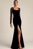 Black Mermaid Square Neck Long Formal Dress with Slit