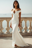 White Off the Shoulder Mermaid Ruched Long Wedding Reception Dress