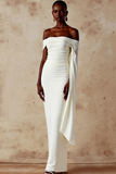 White Sheath Long Wedding Reception Dress with Side Cape